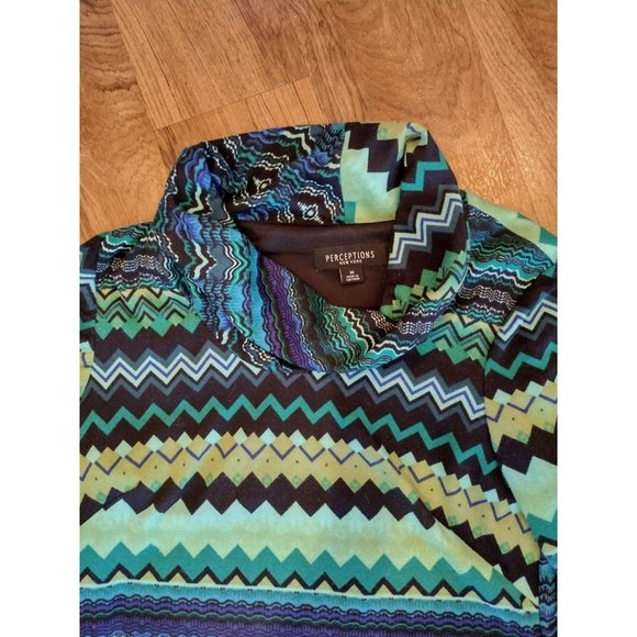 Perceptions New York Cowl Neck Dress, M, Green Blue Zig Zag, Tunic Sweater Dress - Picture 2 of 2
